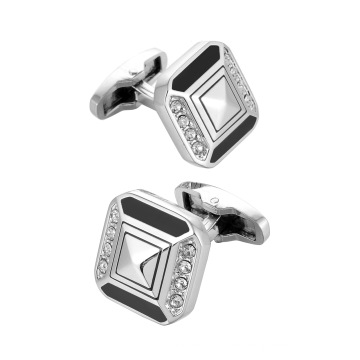 Crystal Rhinestone Black Enamel Cufflinks Silver Plated Elegant Diamonds Mens Suit Shirts Cufflinks